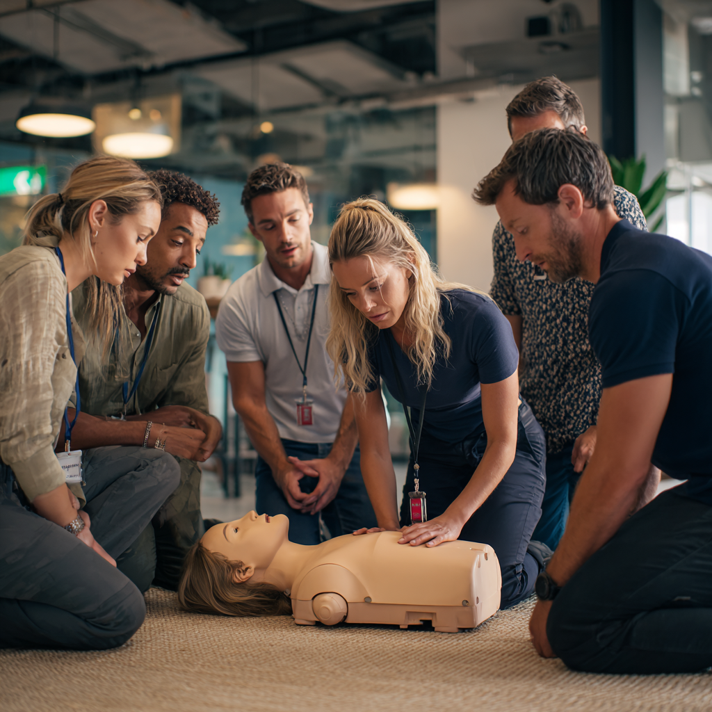 Cursisten oefenen reanimatie op een pop tijdens een BHV-cursus.